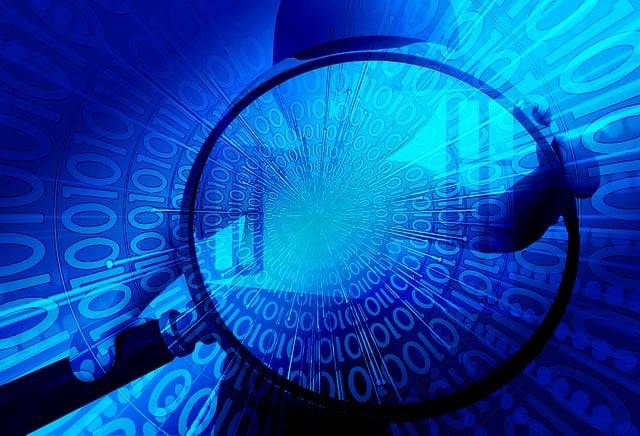 Abstract illustration of a magnifying glass over binary code representing data analysis and cybersecurity
