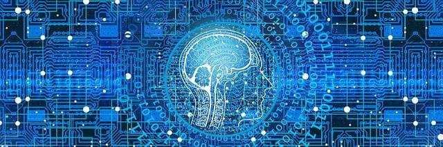 Abstract illustration of a human brain integrated with digital circuitry and data connections